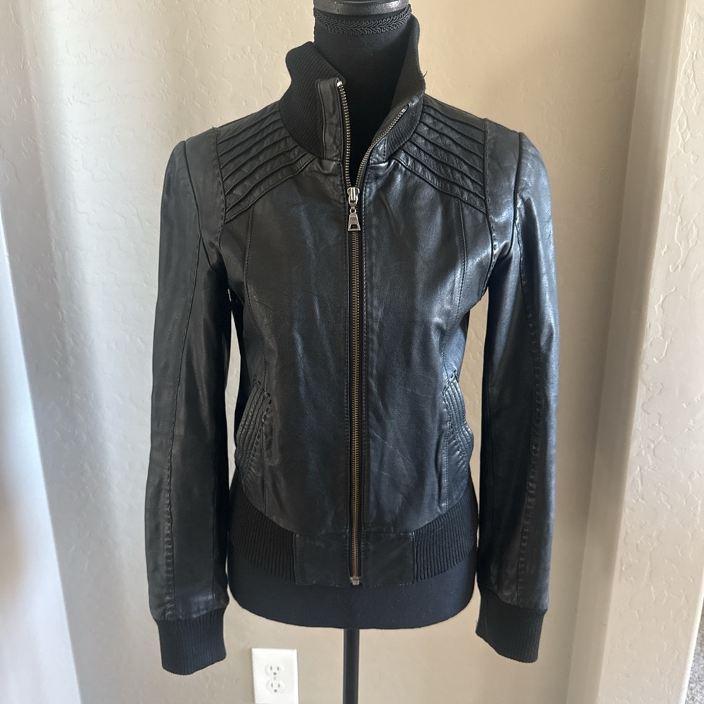 Danier Black Leather Jacket with Ribbed Collar